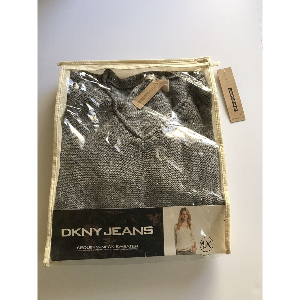 DKNY WOMEN'S V Neck Cotton Sequin  SWEATER~ Size 1x  Heather‎ Grey 3/4 Sleeve